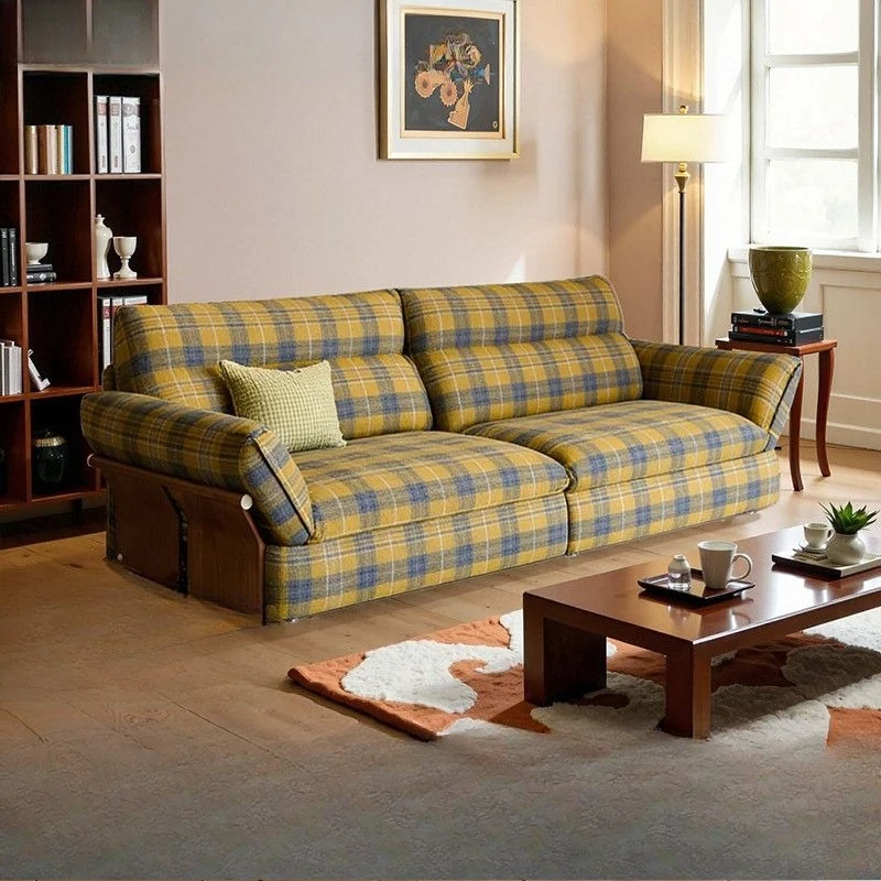 

Solid wood sofa three-seater small living room straight fabric sofa