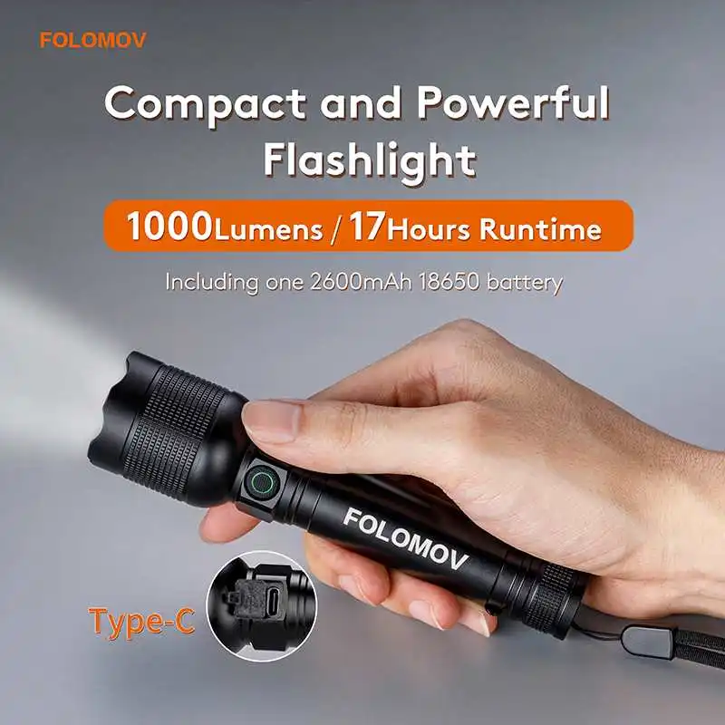 

FOLOMOV HOLD-1 1000LM LED Flashlight 2600mAh 18650 Battery USB-C Charging IPX6 Waterproof Portable Mini Torch With Tactical Head