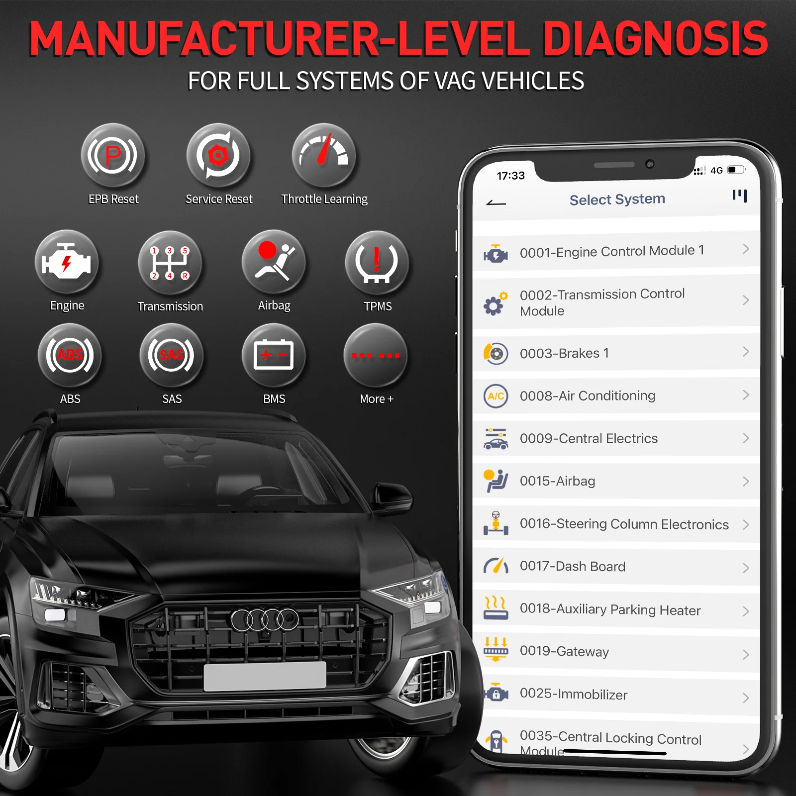 ANCEL-Bluetooth OBD2 Scanner De Carro, Leitor De Código, Óleo, EPB, ETC, Reset, Teste De Bateria, Auto Ferramentas De Diagnóstico Para VW, Audi,