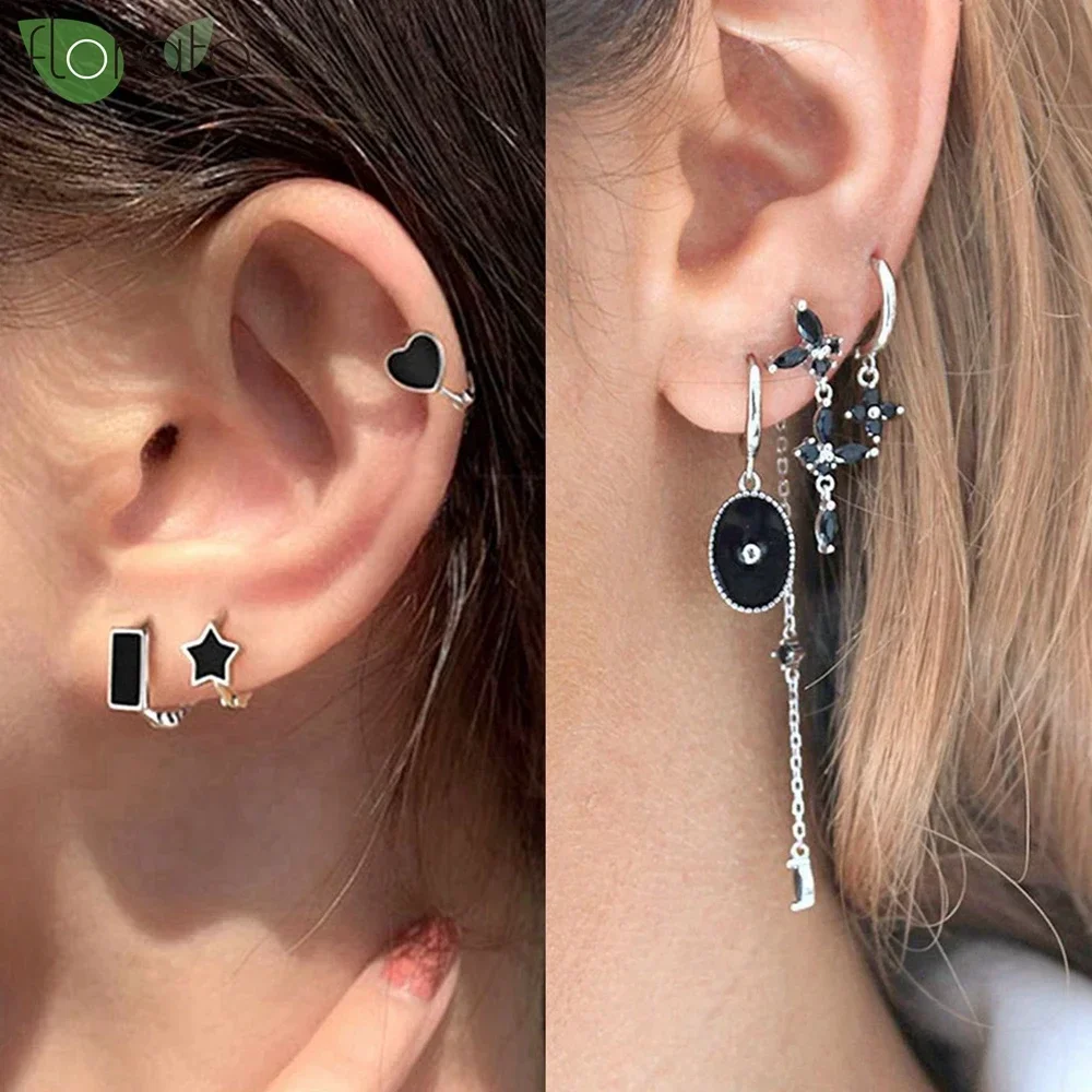 925 Sterling Silver Needle Fashion Black Zircon Pendant Earrings New Round/Cross Small Hoop Earrings for Women Piercing Jewelry