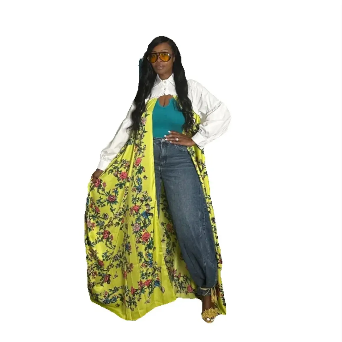 Damen-Cardigans mit Blumenmuster, vorne offen, Übergröße, falscher Kragen, Sommer-Kimonos aus Twill-Seide, Afrika-Strand-Bikini-Vertuschung, muslimisches Outfit