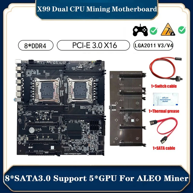 

X99 ALEO Dual Motherboard +Thermal Grease+Switch Cable+SATA Cable Supports 5 GPU LGA2011 V3/V4 8XDDR4 Slot PCIE16X SATA