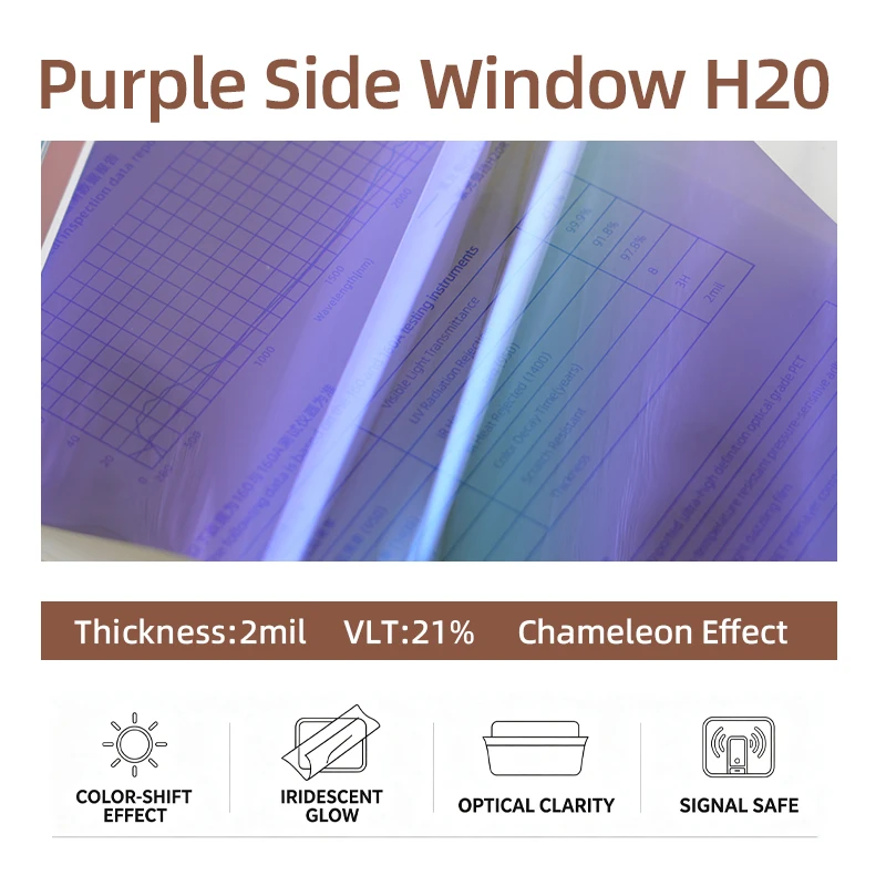 PET Purple Ghost H20 Color‑Shift Side Window Film Chameleon Tint Anti‑Yellowing UV‑Rejection Clean Removable