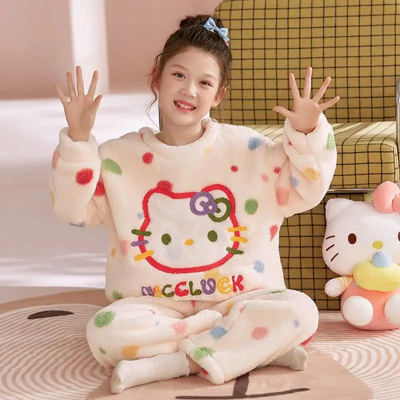 

Kawaii Hello Kitty Sanrio Children Cute Cartoon Comfortable Warm Pajamas Student Plush Hoodie Trousers Christmas Gifts for Kids
