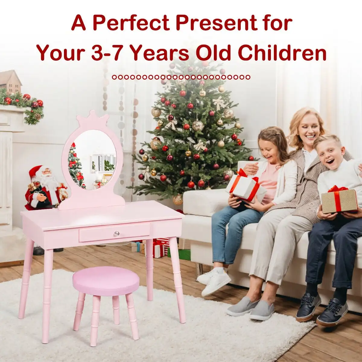 Kids Vanity Makeup Table & Chair Set Make Up Stool Play Set for Children Pink