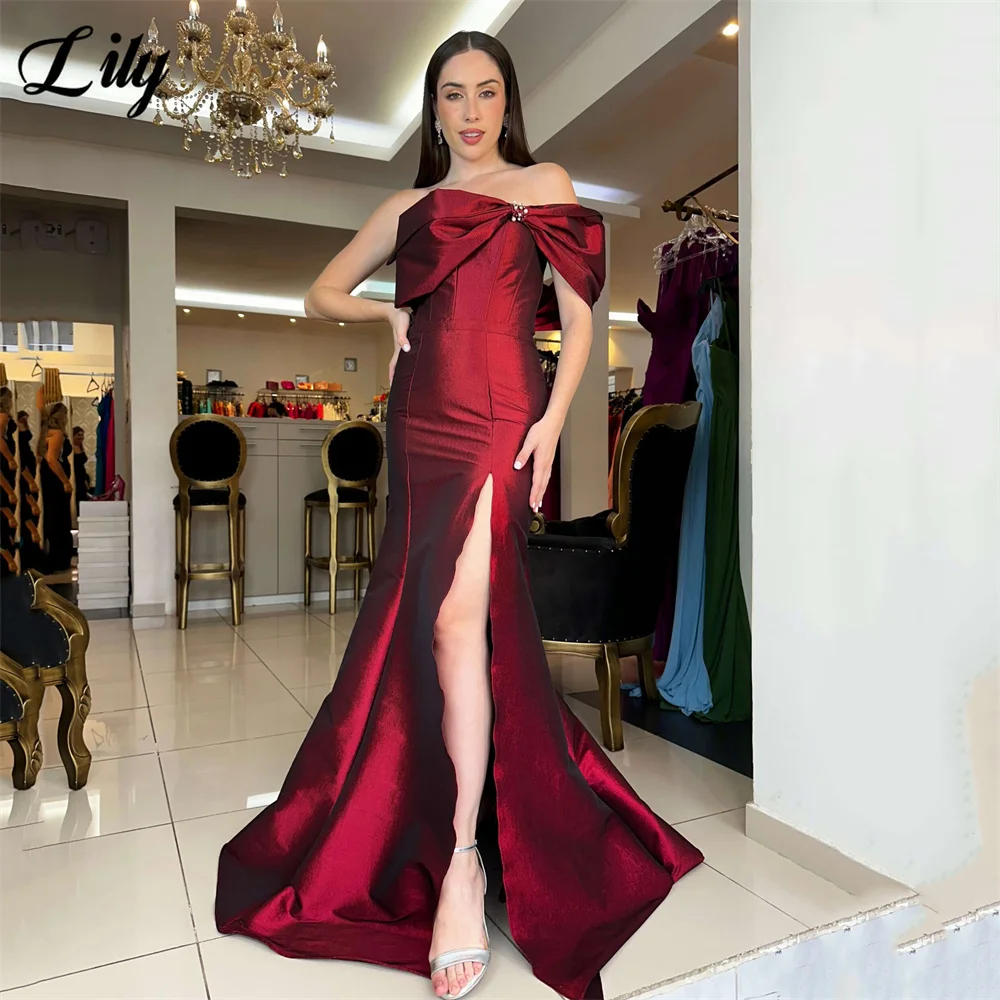 

Lily Burgundy Party Dress One Shoulder Trumpet Evening Dress Crystal Embellished Bow Prom Gown High Slit 프롬 드레스 Customized