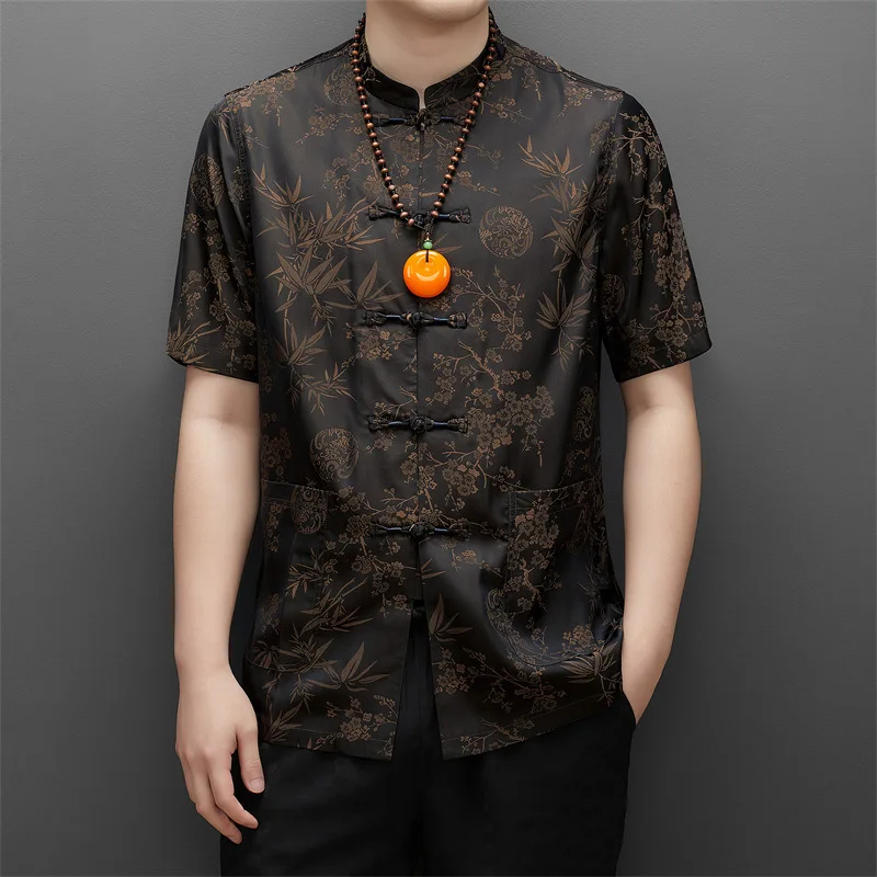 Summer Short Sleeved Tang Dynasty Top Satin Chinese Style Printed Shirt Men Loose Casual Vintage Button Coat Morning Exercise