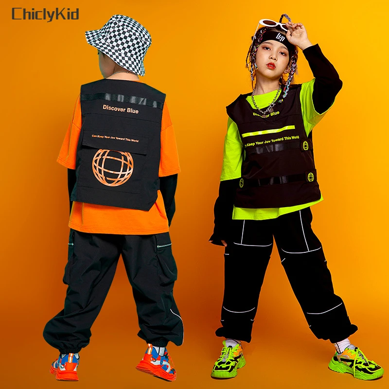 

Boys Hip Hop Vest Cargo Pants Girls Street Dance Loose Pants Sweatshirt Clothes Sets Kids Joggers Streetwear Child Jazz Costumes