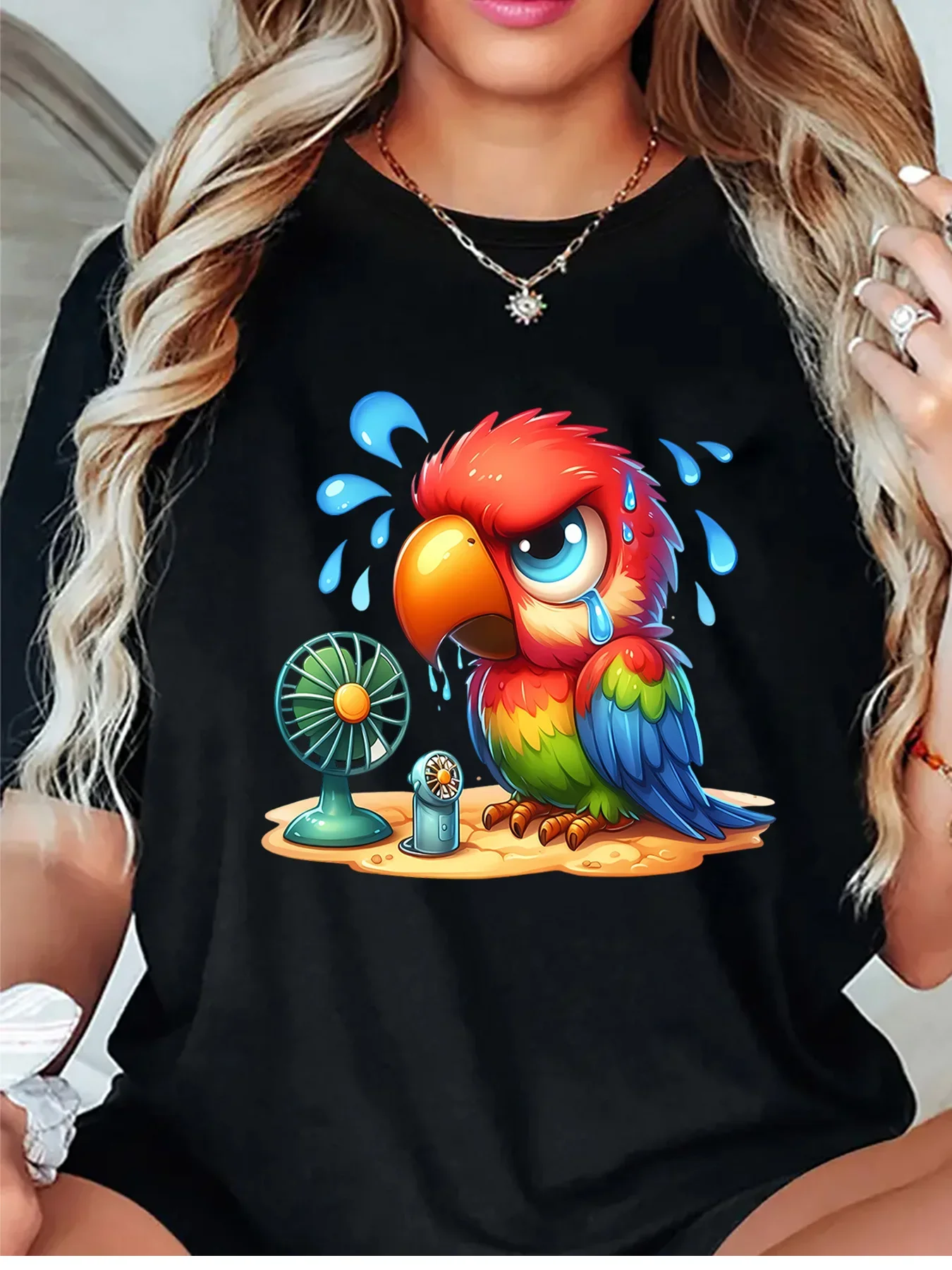 Cute Sweaty Parrot With Two Small Fans Summer Cartoon Art Print Graphic Ladies T Shirt Short Sleeve Crew Neck Casual Tee Tops