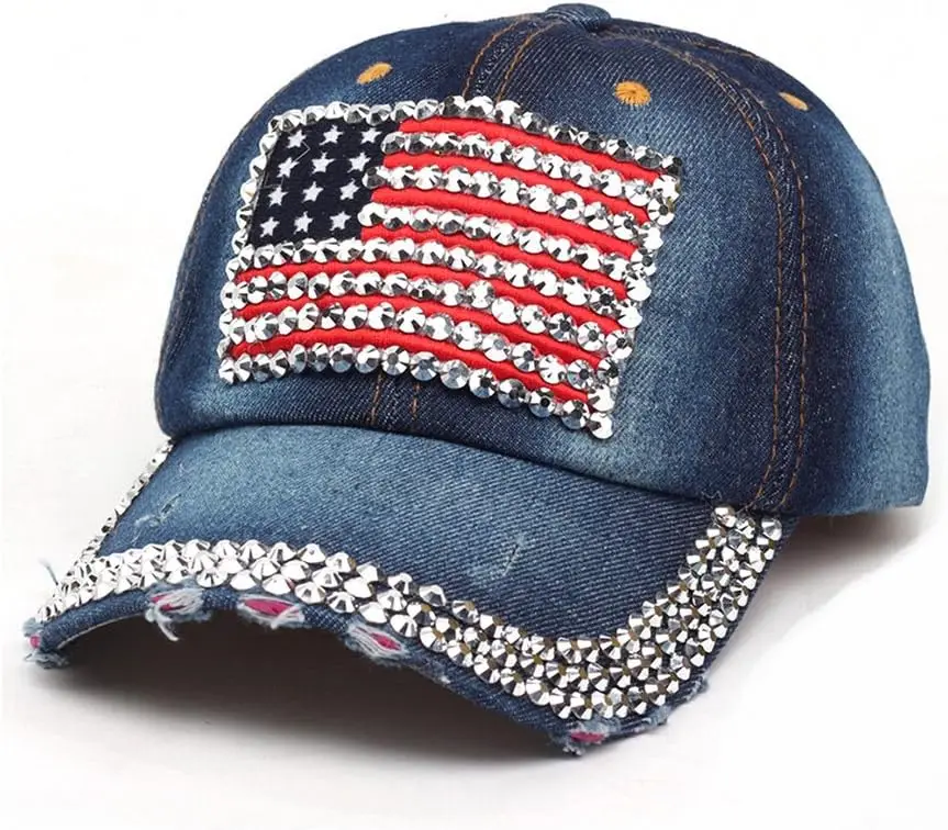 

American Flag Baseball Cap Sparkle Rhinestone USA Flag Deim Hip Hop Hat