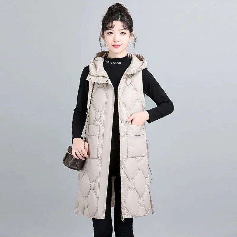 Novo outono inverno feminino para baixo colete de algodão jaqueta nova com capuz meados longo sem mangas jaqueta feminina casual topos chaleco mujer