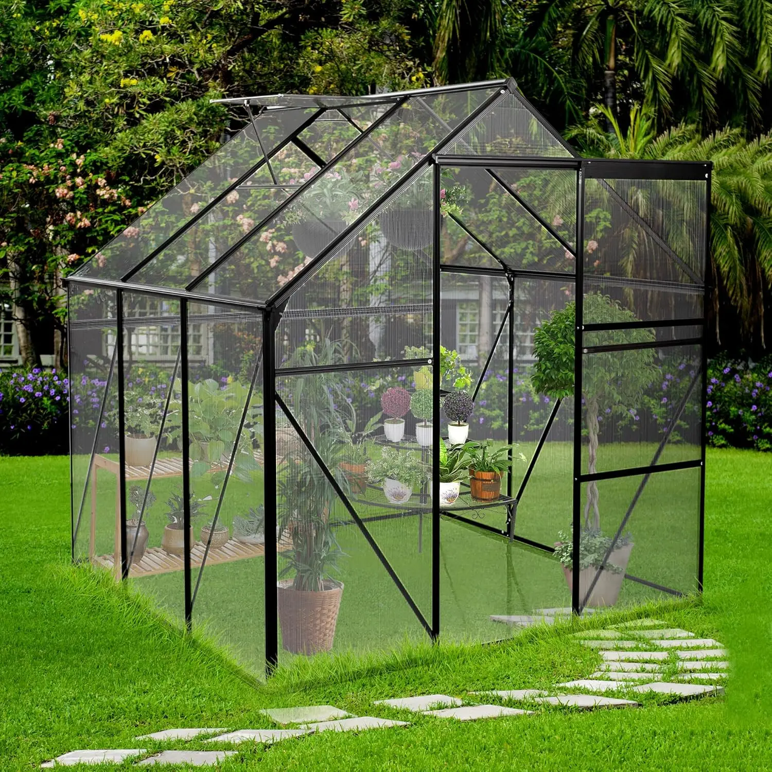 6X6 Ft Polycarbonate Greenhouse, All Season Heavy Duty Walk-In Garden Plants Green House For Outdoor Backyard, Raised Base And