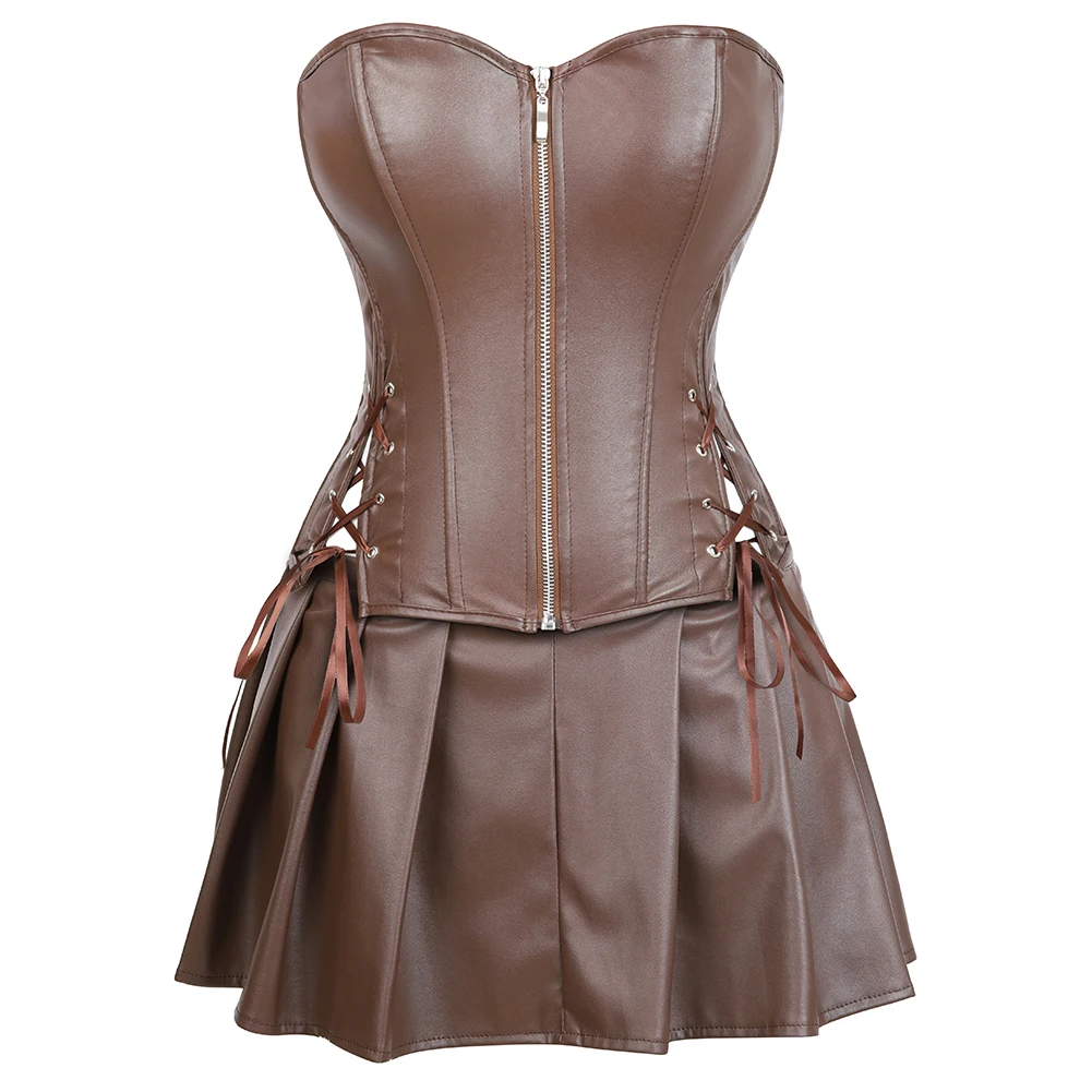 Sexy Women\'s Gothic Shiny PU Faux Leather Zipper Front Bustier Corset Fashion Steampunk Slimming Body Corselect With Skirt 7XL