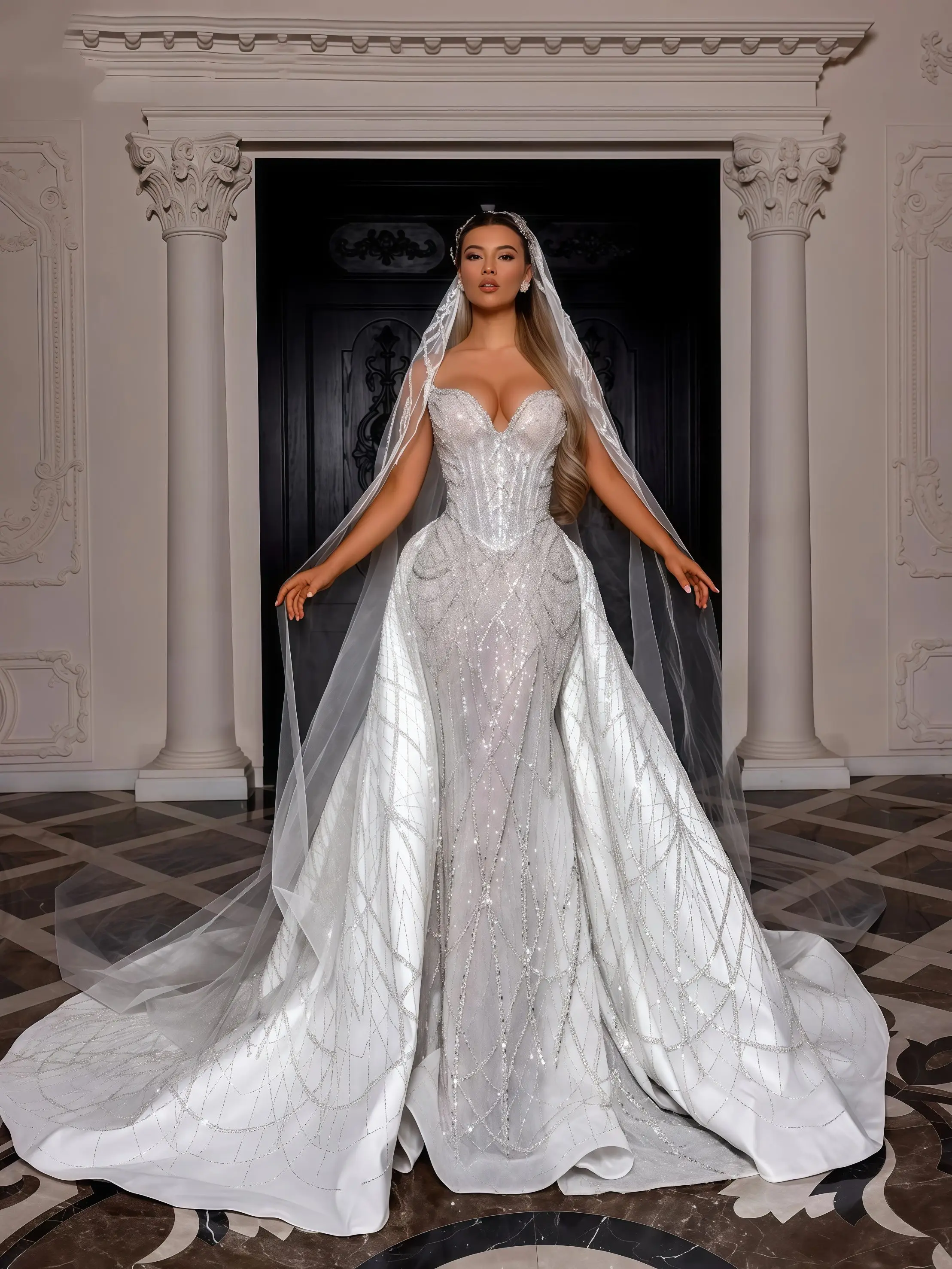 

Customized Exquisite Detachable Train Beaded Lace Wedding Dress V-neck Thin Straps Bridal Gown Dresses For Bride Vestido de