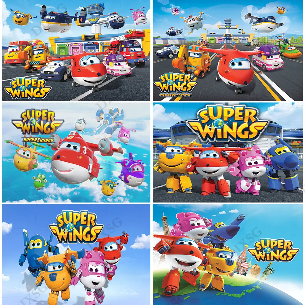 

DIXSG Super Wings Photography Backdrop Kids 1st Birthday Baby Shower Airplane Banner Background Blue Sky Photo Studio Props