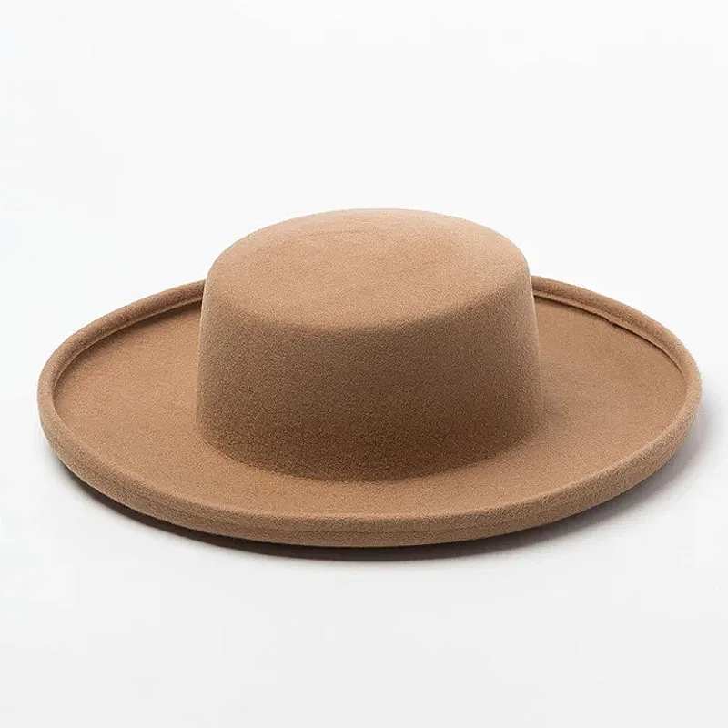 Classical Boater Hat Flat Top Hats Warm Winter Wool Fedora Hats for Women Men Up Brim Derby Performance Stage Church Ladies Hat