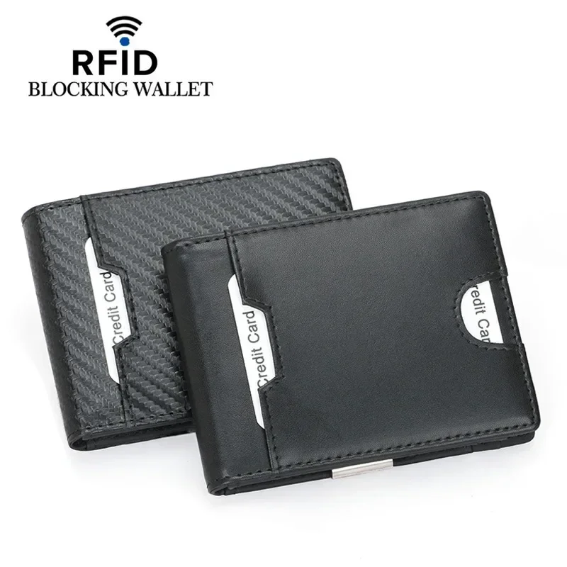 Genuine Leather RFID Blocking Money Clip Men's Wallet Carbon Fiber Purse With Zipper Coin Pocket Credit Card Case Bag ID Holder