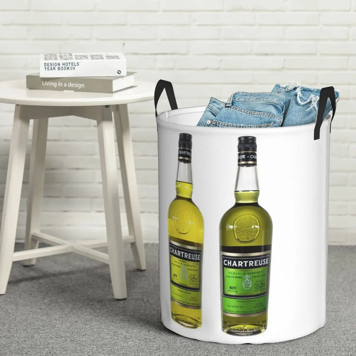 Cesto de lavandería plegable grande para niños, con diseño de botella de pintura al óleo verde chartreuse y temática de bebidas, para almacenamiento de ropa sucia