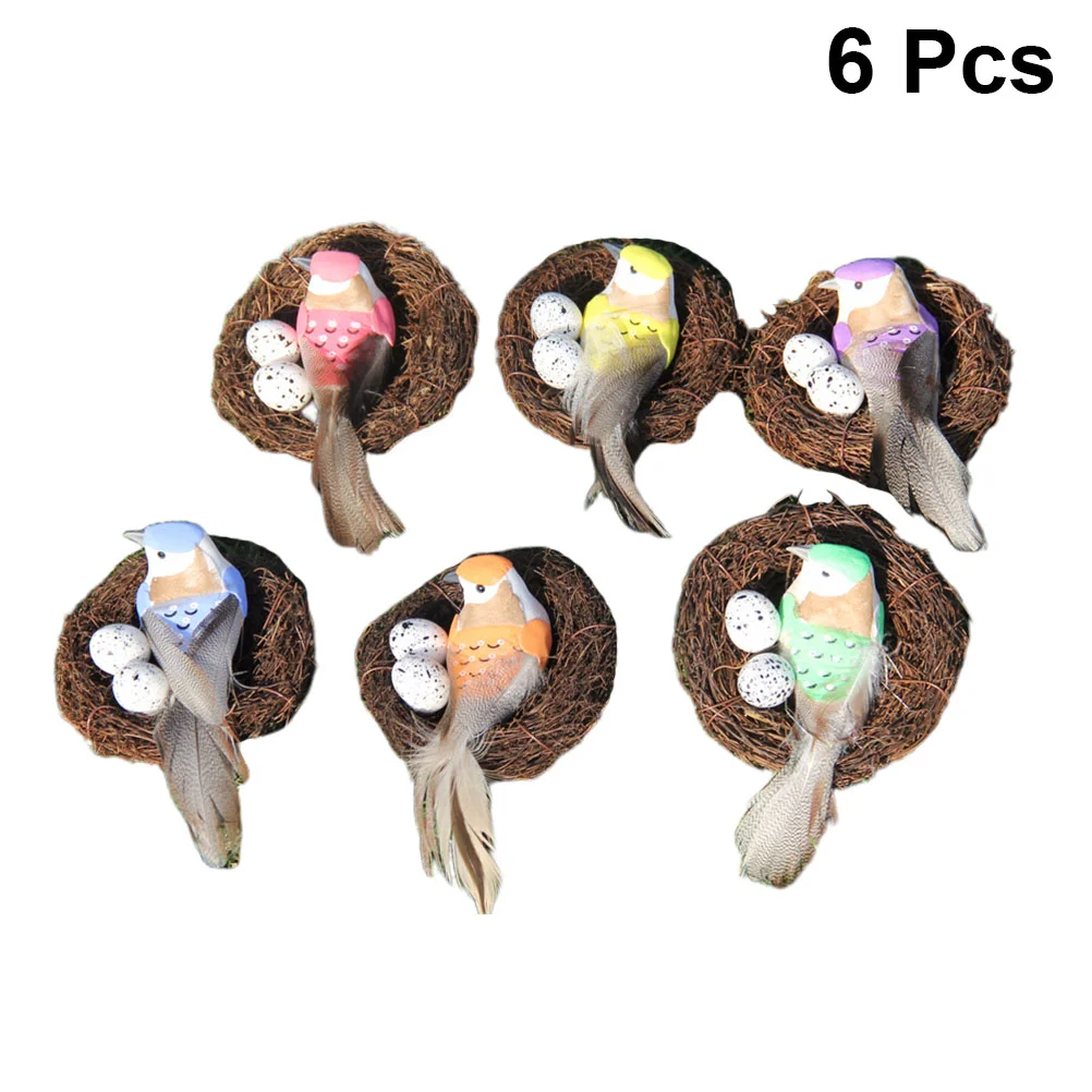 

6 Sets Easter Figurines Decoration Artificial Bird Nest Ornament Bird Model Nest Bird Egg Craft Set for Garden Home Birdcage (As