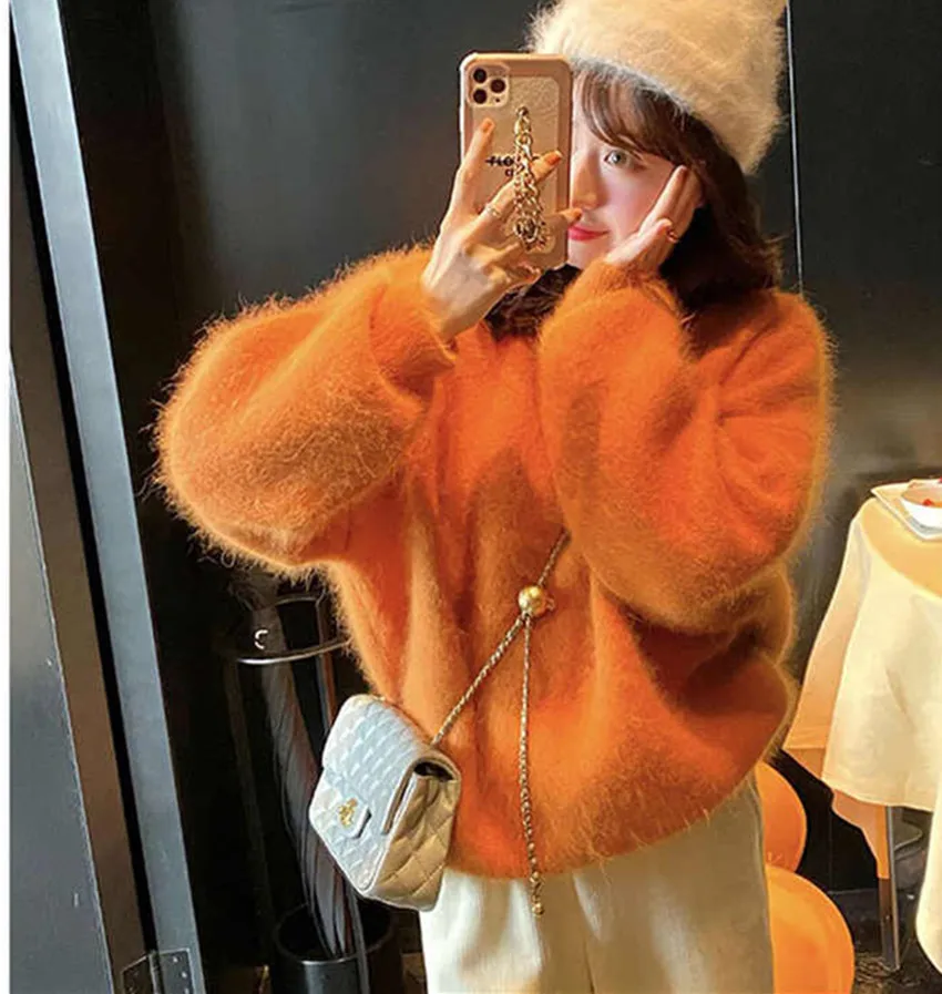 JSXDHK 2022 New Autumn Winter Orange Mink Cashmere Sweaters Chic Fashion Women O Neck Knitted Mohair Soft Loose Pullover Tops