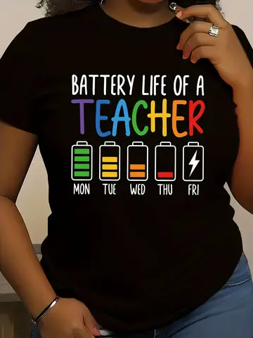 Camiseta gráfica "Battery Life of a Teacher" para mujer - Longitud regular Material de poliéster Tela de punto Estilo casual Todas las estaciones
