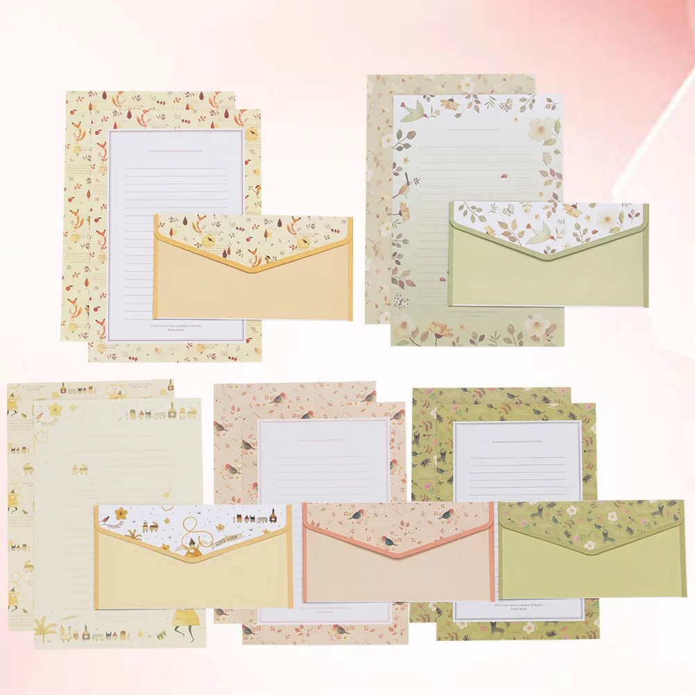 5 Sets/45pcs Flower Printing Envelope and Letter Paper Lovely Writing Stationery Envelopes Kit School Stationery for School (15