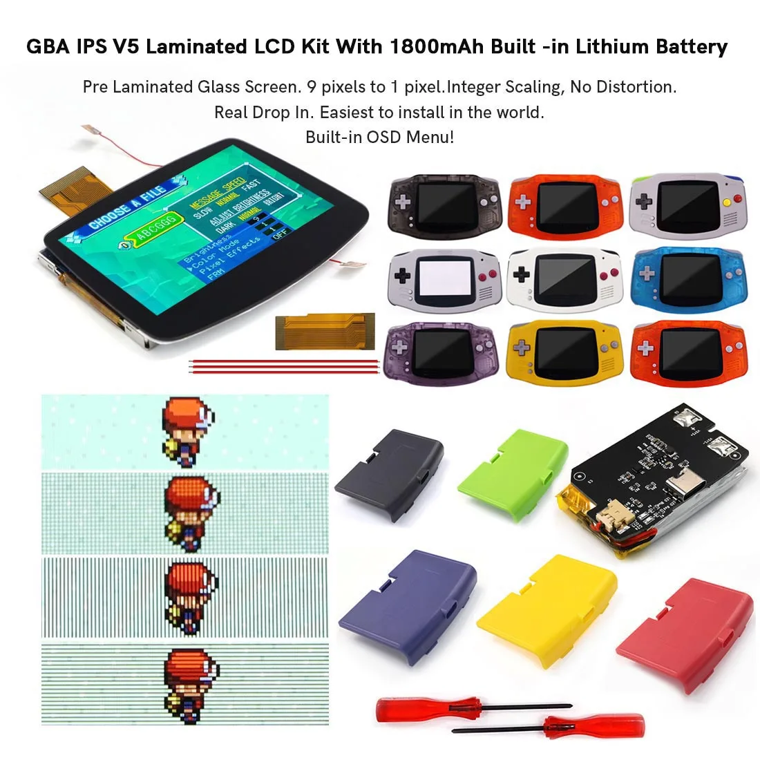 For Gameboy Advance GBA Rechargeable Battery Mod 1800mAh Li-ion GBA V5 Laminated Backlight LCD kit Housing with USB Type C cover