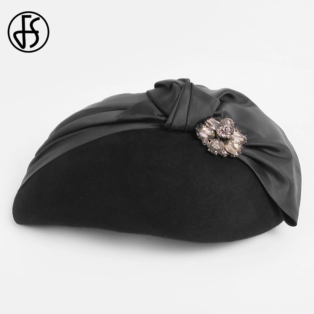 FS 2024 Elegant Beret Church Derby Hats For Women Wool Felt Cap Fascinators Ladies Cocktail Tea Party Fedoras Chapeau Femme