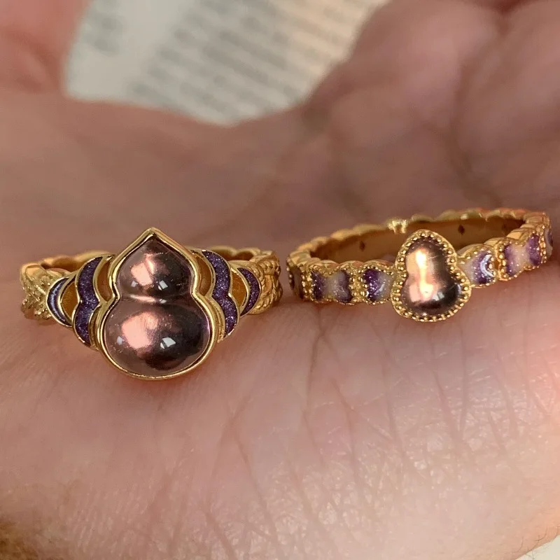 Exquisite enamel ice translucent amethyst gourd natural chalcedony rings for women purple crystal ring wedding jewelry gift