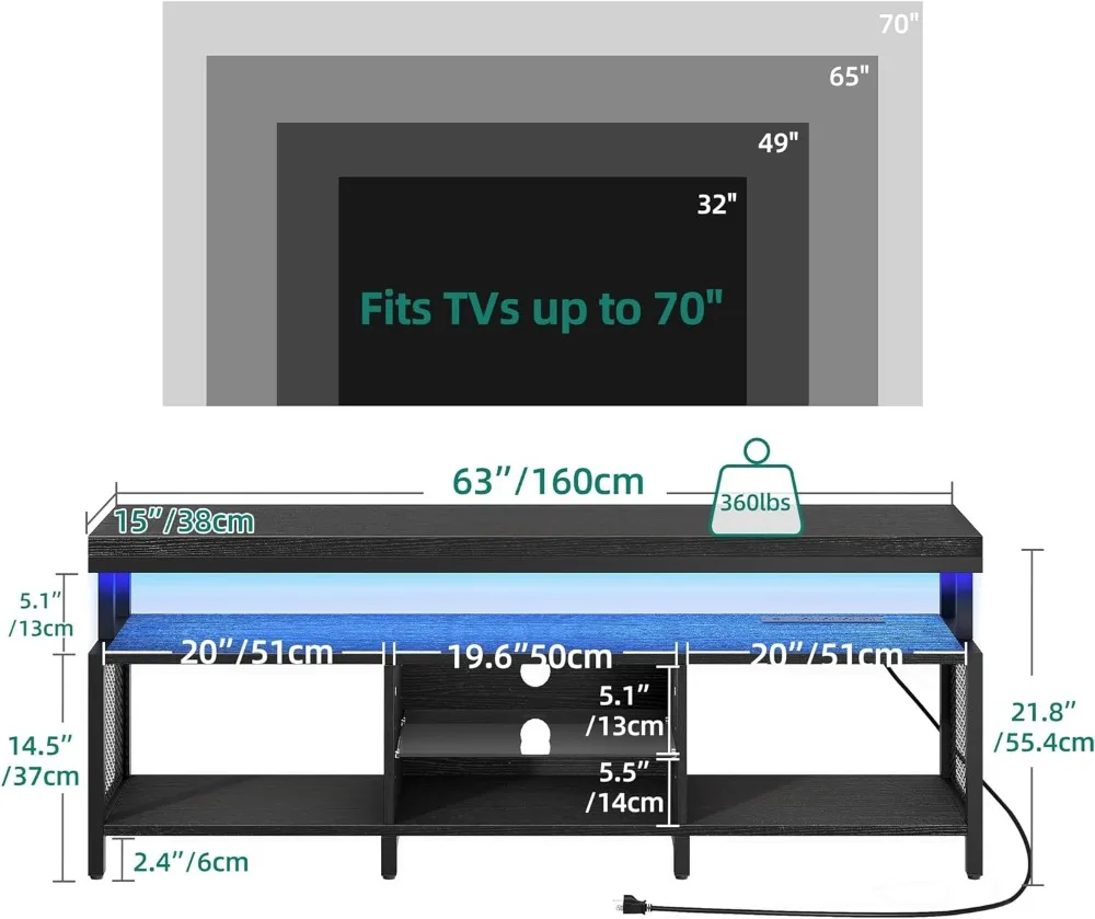 YITAHOME LED Television Stands w/Power Outlets for 70/65 inch, Modern Industrial TV Stand, Entertainment Center w/Open