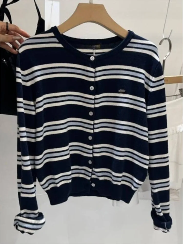 Classic Striped Knitted Cardigan Women's Autumn Round Neck Cotton Soft Design Button Sweater Vintage Sweet Preppy Style Sweaters view 6