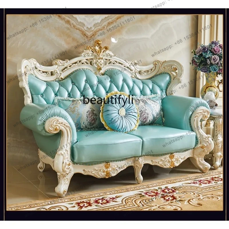 European leather sofa full solid wood carving flower living room first layer cowhide pastoral 123 combination sofa