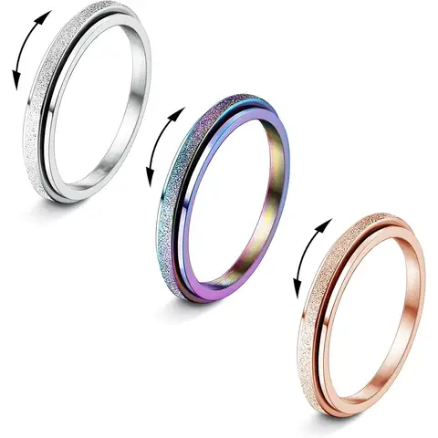 Fidget Rings for Women Men 2/4mm Stainless Steel Spinner Ring for Anxiety Stress Relief Glitter Sandblast Jewelry for Women Gift