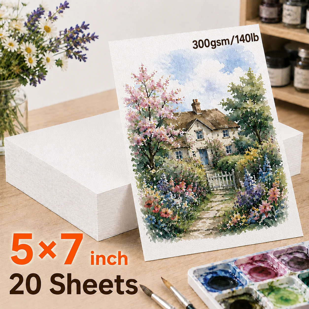 20 Sheets Watercolor Paper Kit, 5×7inch, 300gsm/140lb, for Painting, Markers, Watercolor for Art Lovers, Adults and Artists