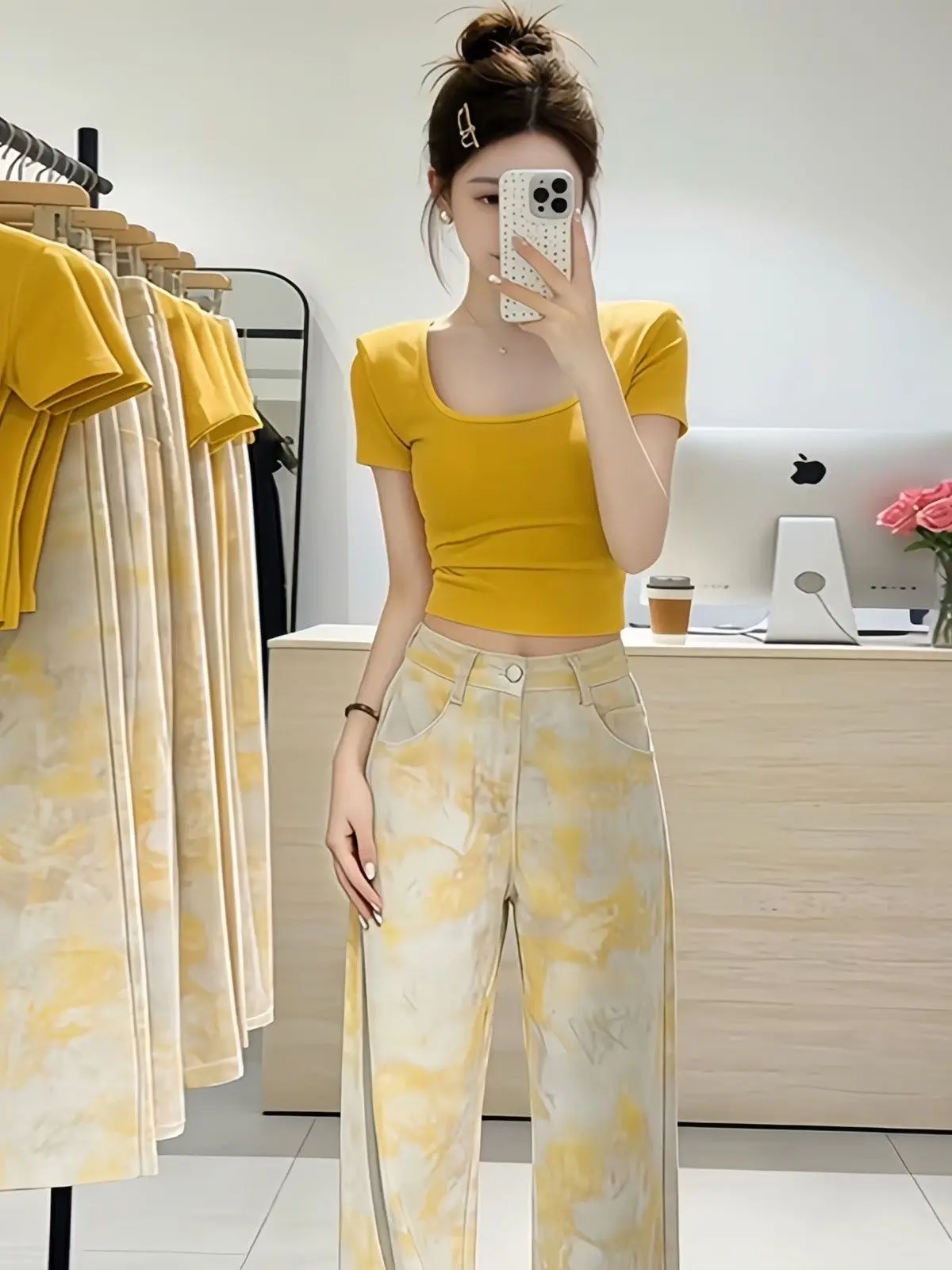 Unique Beautiful Summer T-Shirt And Wide Leg Jeans Two-Piece Set for Women Square Collar Short Sleeve Casual Fashion view 5