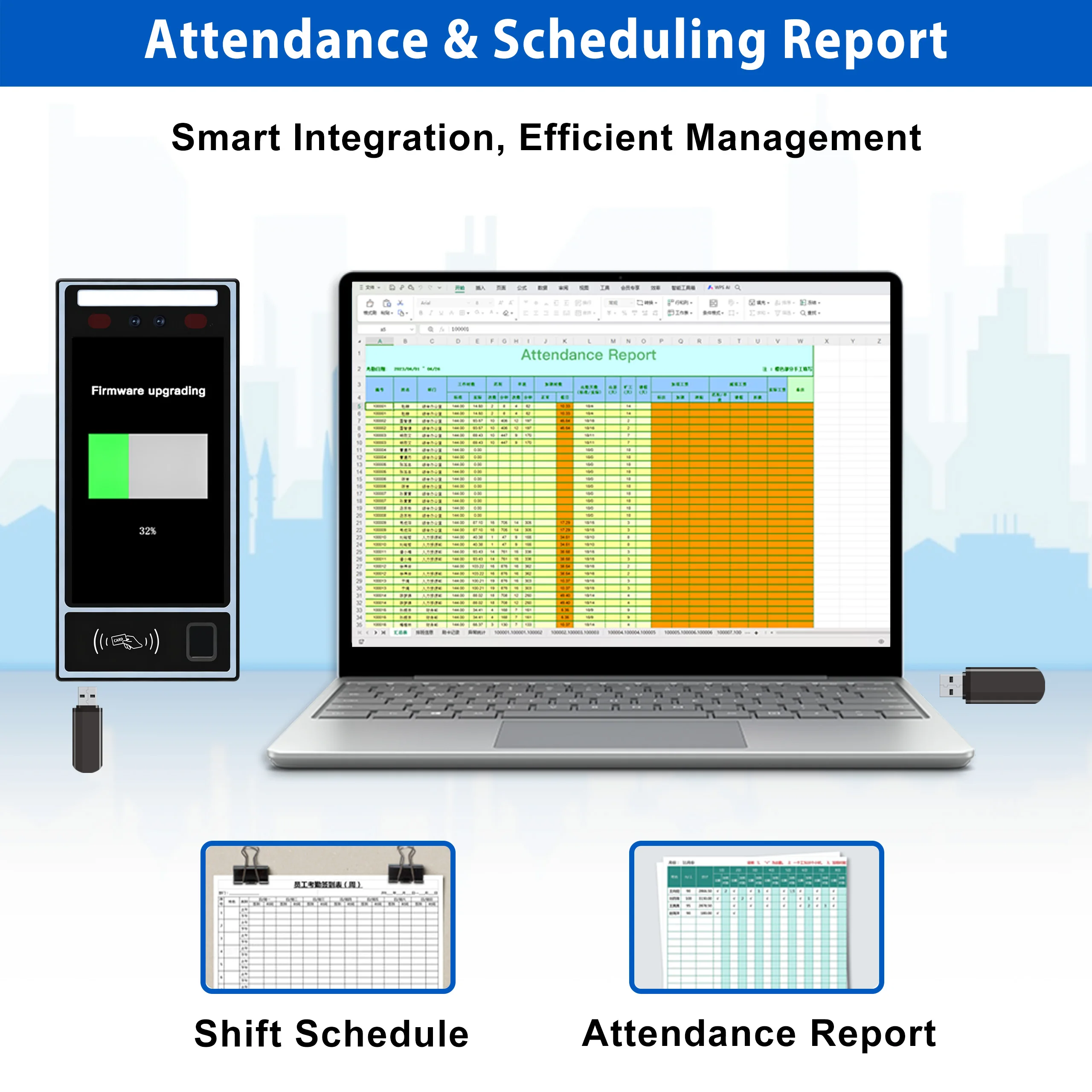 Terminal de contrôle d'accès et de présence multi-biométrique de 8 pouces – Veine de paume à empreintes digitales faciales, WiFi 4G TCP/IP
