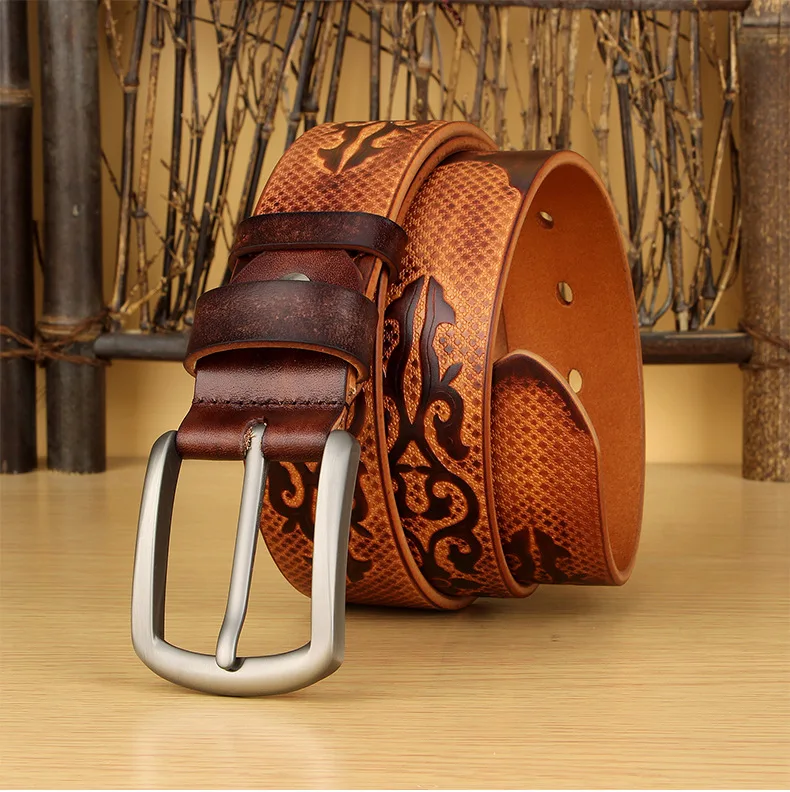 Men's Retro Genuine Leather Embossed Belts,Male Needle Buckle Personalized Head Layer Pure Cowhide Carved Belt