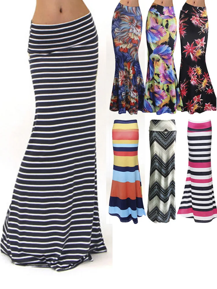 High Waist Pencil Long Skirts for Women 2026 Summer Fashion Floral Striped Print Casual Bodycon Maxi Skirt Female Floor Length