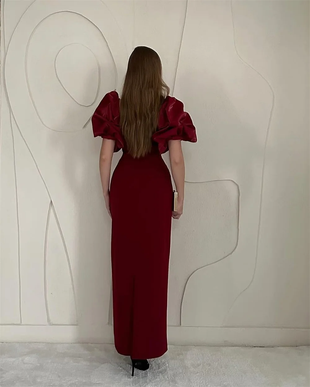 Mila-vestido de fiesta con cuello cuadrado rojo y flores, vestidos de noche lujosos personalizados de manga corta hasta el tobillo, vestidos de fiesta