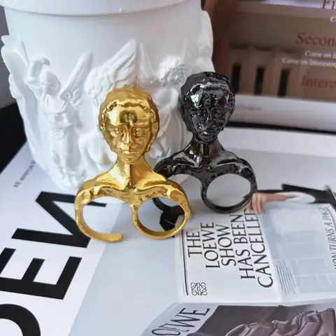 Runway High-Fashion Face Brass Ring Adjustable Open Statement Ring for Women Men