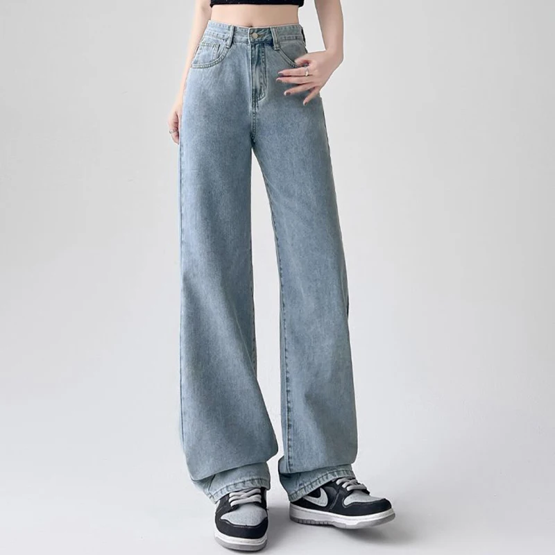 Wyprzedaż Klasyczne Damskie Jeansy z Wysokim Stanem Koreańskie Proste Nogawki Wąskie Rozszerzane Spodnie Damskie Dopasowane Spodnie Denimowe