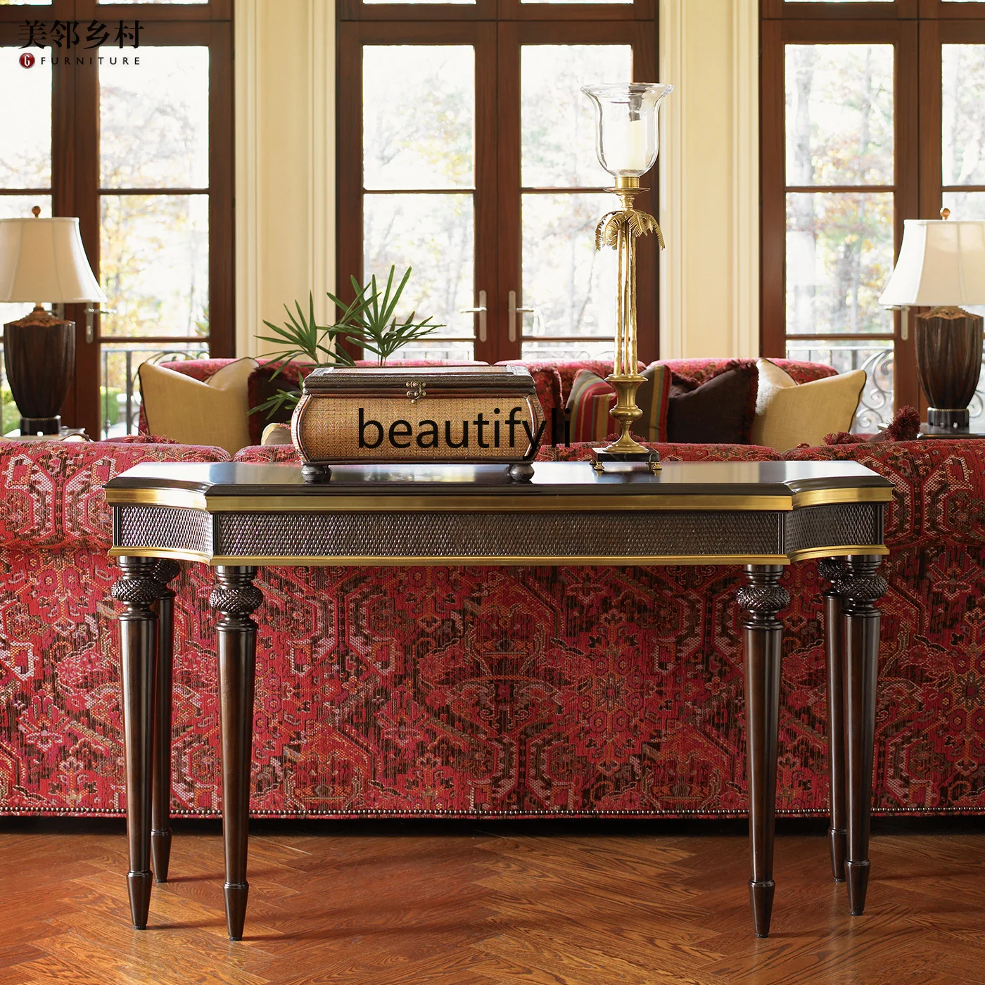 

American Style Simple Solid Wood Carved Entryway Table with Gold Foil Vintage Sofa Back Cabinet Modern Entryway Console