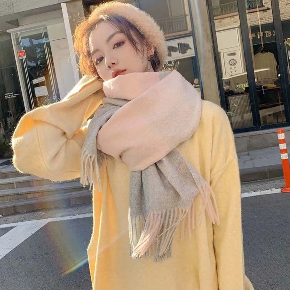 Gifts Wool Classic Plaid Scarf Polyester Soft Knitted Wool Scarf Korean Style Contrast Color Long Neckscarf with Tassel Couple