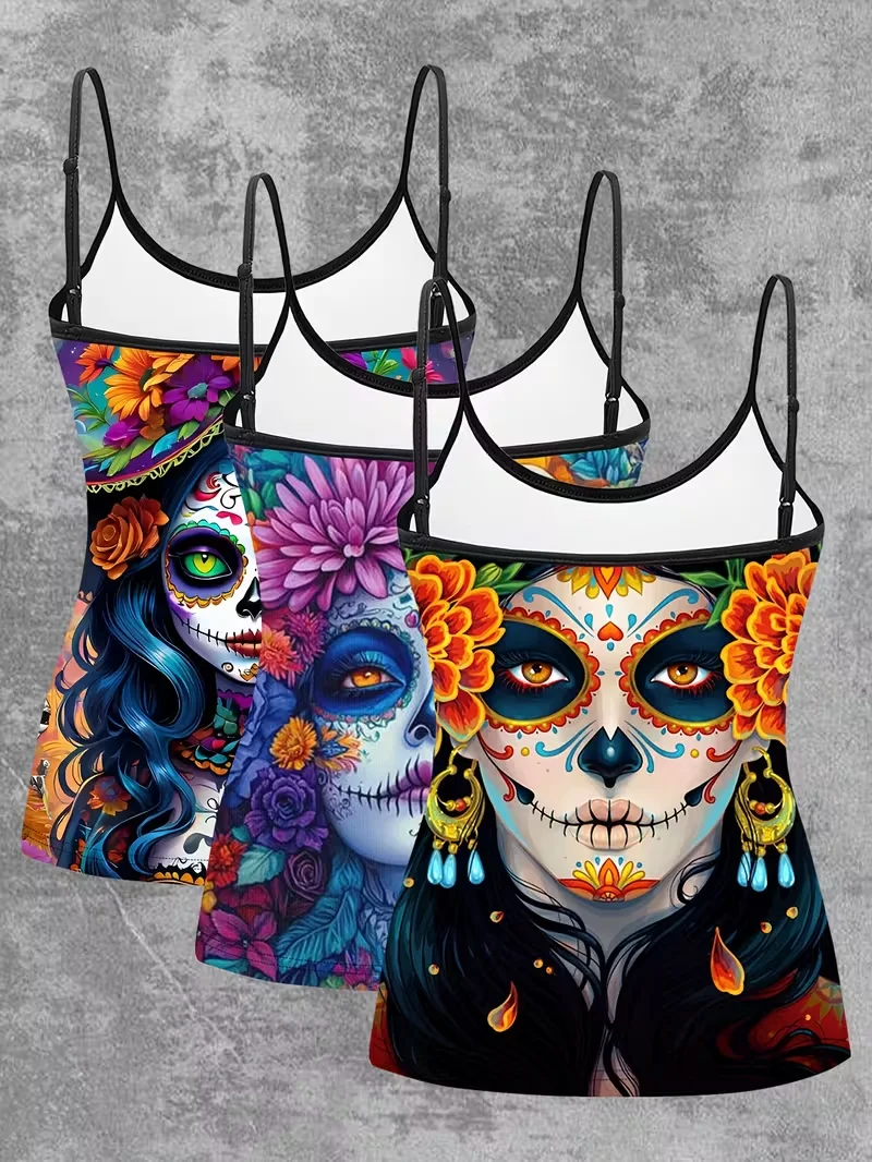 European and American Day of the Dead Sugar Skull Print Spaghetti Strap Camisole for Women, Mexican Flower of Death Summer Slim-Fit Sleeveless Top