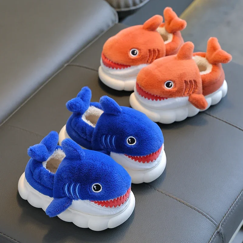 New Winter Wrap Heels Cute Cartoon Shark Cotton Slippers Children\'s Non-slip Soft For Kids Girls Boys Baby Warm Plush Home Shoes