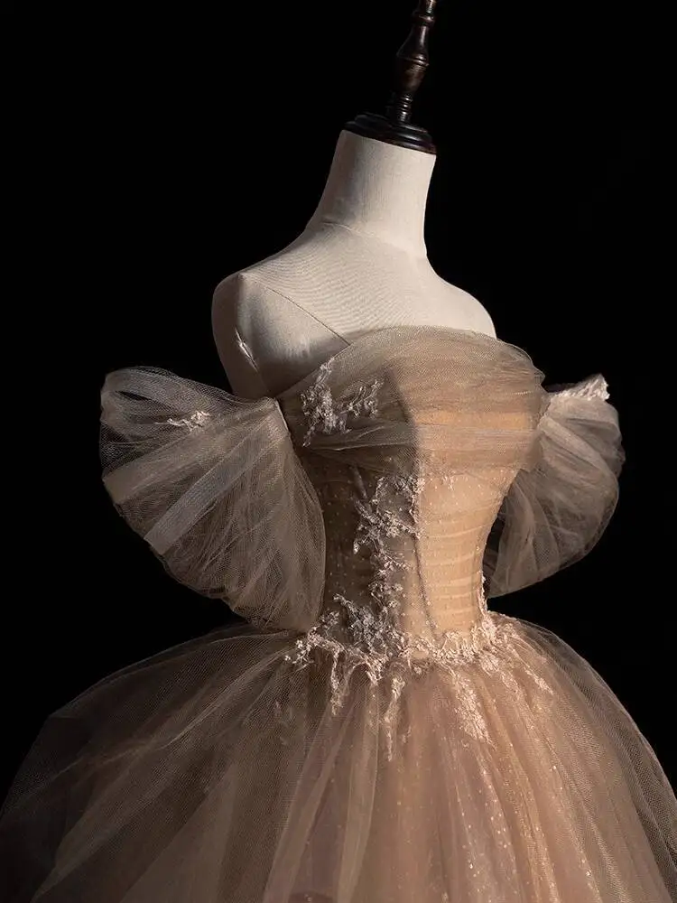 

Champagne Color Evening Dress For Women, High-End Luxury, Niche Adult Princess Wedding Dress, Off-Shoulder Toast Dress