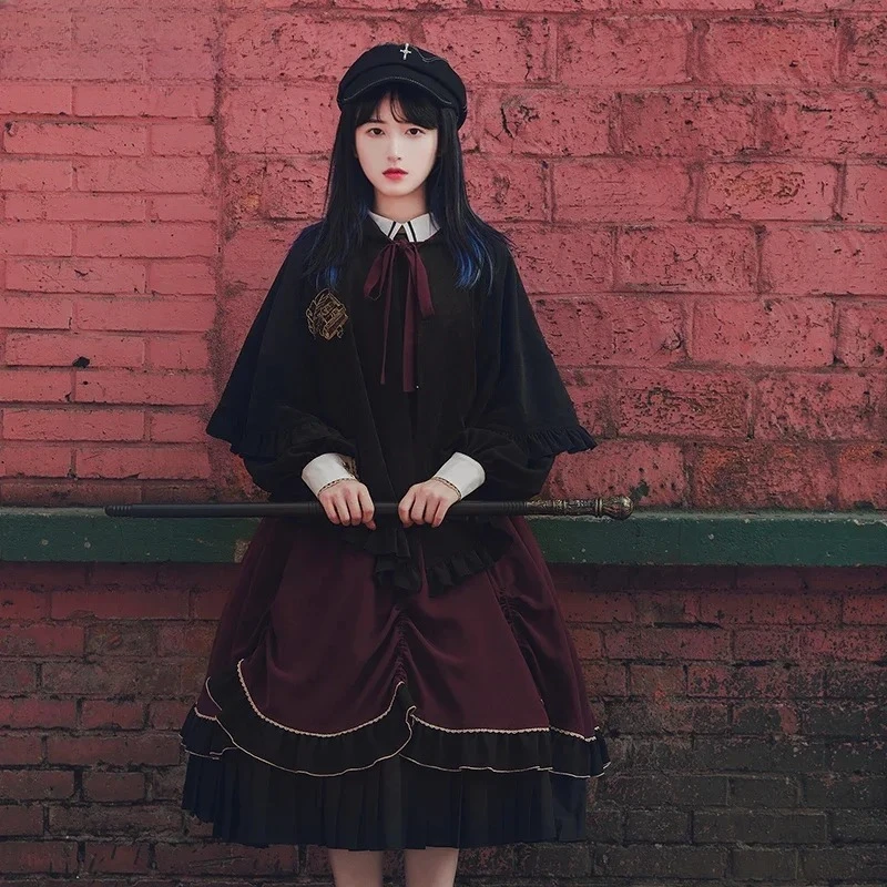 

Original Gothic Dress Sets Hooded Coat Women Two-piece Outfits Autumn New Long-sleeved High-waisted Op Fake Two Piece Long Dress