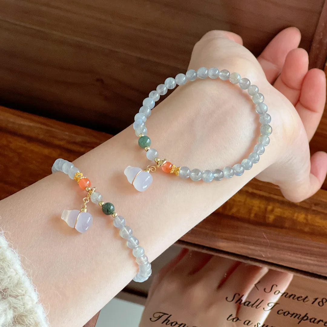 

Natural Grey Moonlight Bracelet Feldspar Niche DIY Beaded Hand String Chalcedony Gourd Mori Ins Jewelry For Women's Lucky Gifts
