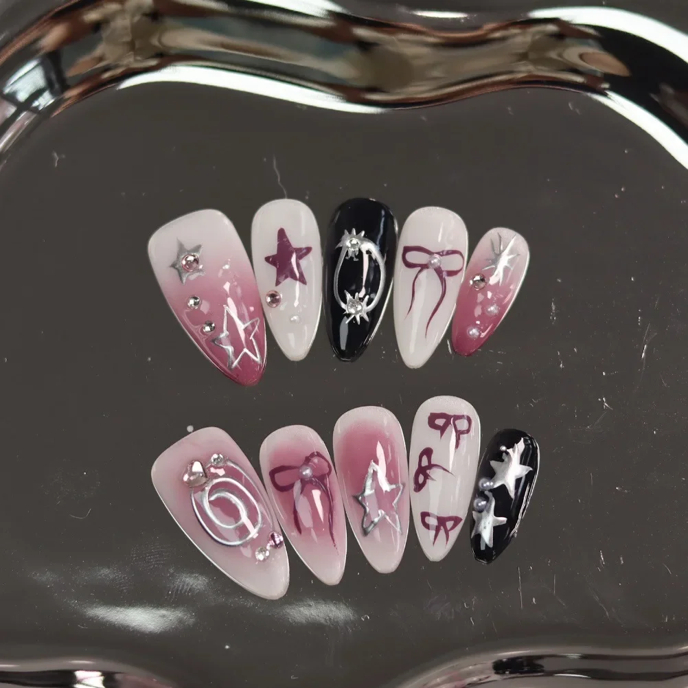 

10 шт. Накладные ногти ручной работы в форме миндаля с бантиками, металлическим блеском, в стиле Spice Girl, французский дизайн, для маникюра