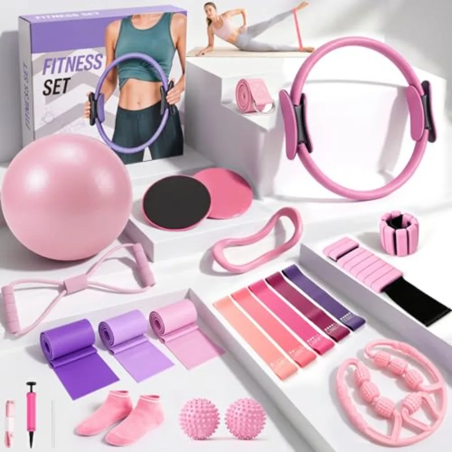 Pilates Kit, 24 in 1Home Pilates Workout Kit for Women, Pilates Equipment with 13" Pilates Ring and Ball, Starter Home Workouts
